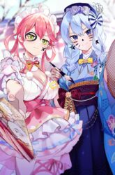  2girls absurdres aya02ka bare_tree blue_eyes blue_hair blue_kimono blurry blurry_background braid breasts commentary_request cowboy_shot facial_mark fishnet_gloves fishnets gloves green_eyes hagoita hair_rings highres holding holding_paddle holding_paintbrush hololive hoshimachi_suisei hoshimachi_suisei_(new_year) japanese_clothes kimono large_breasts leg_ribbon light_blue_hair lolita_fashion maid_headdress medium_hair micomet_(hololive) multiple_girls name_tag obi paddle paintbrush pink_hair pink_ribbon pink_skirt ribbon sakura_miko sakura_miko_(new_year) sash skirt sleeveless sleeveless_kimono smile table_tennis_paddle thigh_ribbon torii tree twin_braids virtual_youtuber wa_lolita white_kimono 