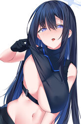  absurdres areola_slip black_gloves black_hair black_pants black_shirt blue_archive blue_eyes blush breasts clothes_pull commentary covered_nipples crop_top dutch_angle female gloves highres large_breasts long_hair looking_at_viewer midriff navel no_headwear open_mouth pants ragnaveldt saori_(blue_archive) shirt shirt_pull simple_background sleeveless sleeveless_shirt solo turtleneck upper_body white_background 