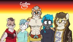  abs absurd_res blue_hair blush braided_hair breasts chest_tattoo claudeartz clothing clouded_leopard ethmeol felid feline female group hair hands_on_shoulders hi_res hybrid leopard_cat likulau lin_hu male mammal muscular muscular_male nekojishi one_eye_closed pantherine pecs prionailurus shu-chi studio_klondike tattoo tiger tribal tribal_tattoo wink 