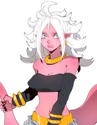  absurdres android_21 bandeau bare_shoulders black_tube_top blue_eyes bracelet breasts cleavage closed_mouth colored_skin detached_sleeves dragon_ball dragon_ball_fighterz earclip earrings female flipped_hair highres holding_own_tail hoop_earrings isaacchief300 jewelry long_hair looking_at_viewer majin_android_21 medium_breasts midriff navel neck_ring necklace pink_skin pointy_ears simple_background solo strapless tail tube_top upper_body white_background white_hair 