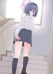  &lt;key&gt;_(blue_archive) absurdres black_footwear black_hair black_socks blue_archive blush female halo highres indoors kneepits long_sleeves mizusaki_(kn27) open_mouth pink_halo red_eyes shirt shoes short_hair socks solo stairs white_shirt 