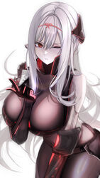  462vvv absurdres armored_bodysuit black_bodysuit bodysuit breasts female goddess_of_victory:_nikke grey_bodysuit grey_hair halo headgear highres large_breasts long_hair looking_at_viewer official_alternate_costume one_eye_closed red_eyes scarlet_(black_shadow)_(nikke) scarlet_(nikke) see-through simple_background solo very_long_hair white_background 