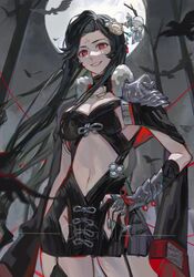  absurdres bare_tree bird black_bird black_dress black_hair breasts cigma cleavage clothing_cutout commission detached_collar dress facial_mark female forehead_mark garter_straps gauntlets hair_ornament highres long_hair looking_at_viewer midriff moon navel night night_sky oerba_yun_fang original red_eyes sideboob silver_ribbon sky smile teeth tree very_long_hair 