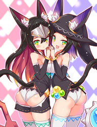  2girls animal_ears argyle_background ass ass_cutout ball_and_chain_(weapon) black_hair black_headwear black_shirt black_shorts black_sleeves blue_hair blush breast_press cat_ears cat_girl cat_tail closed_mouth clothing_cutout collar commentary cougar_(cougar1404) detached_collar detached_sleeves ears_through_headwear from_behind frown green_eyes grey_headwear hat headgear levilina_(cougar1404) long_hair looking_at_viewer looking_back medium_hair multicolored_hair multiple_girls no_pants oerba_yun_fang open_mouth original panties pink_hair rubirina_(cougar1404) shirt short_shorts shorts siblings sisters skin_fang smile standing strapless strapless_shirt sword symmetrical_docking symmetrical_hand_pose tail thighhighs twins two-tone_hair underwear weapon white_collar white_panties white_thighhighs witch_hat 