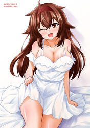  ;d absurdres ahoge alternate_breast_size alternate_costume breasts brown_eyes brown_hair cleavage dated dress female hair_between_eyes hair_flaps hairband highres kamiya_tadato kantai_collection large_breasts long_hair looking_at_viewer one_eye_closed red_hairband shiratsuyu_(kancolle) shiratsuyu_kai_ni_(kancolle) simple_background sleeveless sleeveless_dress smile solo twitter_username white_background white_dress 