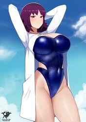  artist_logo artist_name blue_one-piece_swimsuit blue_sky blush breasts brown_eyes cleavage closed_mouth cloud covered_navel female highleg highleg_swimsuit highres jewelry kaos_art lab_coat large_breasts looking_at_viewer necklace one-piece_swimsuit outdoors patreon_username philena_ivy pokemon pokemon_(anime) pokemon_(classic_anime) purple_eyes purple_hair short_hair sky smile solo strapless swimsuit thighs 