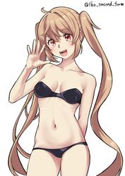  absurdres bandeau bikini black_bikini breasts female highres kantai_collection light_brown_hair long_hair lowleg lowleg_bikini murasame_(kancolle) one-hour_drawing_challenge orange_eyes simple_background small_breasts smile solo strapless strapless_bikini swimsuit the_second_form twitter_username very_long_hair waving white_background 