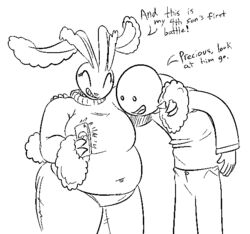  4_fingers 5_fingers anthro arm_around_shoulders bald belly big_breasts biped black_and_white black_text bottomwear breasts button_(fastener) cellphone clothed clothed_anthro clothed_female clothed_human clothed_male clothing cotton_tail dialogue digital_drawing_(artwork) digital_media_(artwork) duo electronics english_text exclamation_point eyebrows eyelashes female female_anthro fingers floppy_ears front_view generation_4_pokemon happy holding_cellphone holding_object holding_phone human lagomorph leaning leaning_forward long_eyebrows lop_ears lopunny male mammal mature_anthro mature_female monochrome navel_outline nintendo noseless obese obese_anthro obese_female open_mouth open_smile overweight overweight_anthro overweight_female pants phone pokemon pokemon_(species) pokemorph portrait proud rabbit_ears shirt showing_cellphone simple_background simple_eyes smile standing sweater talking_to_another teeth text thatoneaceguy thick_eyebrows thick_thighs three-quarter_portrait tongue topwear turtleneck white_background wrist_fluff 