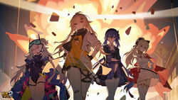  4girls arkria_hroptr_(benghuai_xueyuan) armor benghuai_xueyuan beret blonde_hair blue_hair copyright_name explosion fingerless_gloves gloves grey_hair hair_ornament hairclip hat heterochromia highres honkai_(series) jacket karin_mered_(benghuai_xueyuan) laniaitte_gordius_de_eumenes_(benghuai_xueyuan) long_hair multiple_girls official_art open_clothes open_jacket orange_eyes purple_eyes second-party_source skirt smile tiara_starlumos_(benghuai_xueyuan) yellow_eyes 