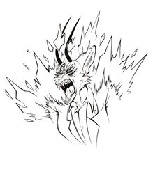  2023 2_horns 5_fingers 7_eyes absurd_res angry anthro bared_teeth black-backed_jackal black_and_white breasts bust_portrait button_(fastener) canid canid_demon canine canis cc-by-sa cheek_tuft claws cleavage clothed clothed_anthro clothed_female clothing creative_commons demon digital_drawing_(artwork) digital_media_(artwork) dress_shirt elemental_manipulation english_text eyebrows facial_tuft fangs female female_anthro finger_claws fingers fire fire_manipulation front_view fur fur_tuft head_tuft hellhound hi_res horn inner_ear_fluff jackal jacket long_horn mammal monochrome multi_eye mythological_canine mythological_creature mythology official_art open_mouth portrait possumcrimes prick_ears profanity pupils scp-6159-1 scp_foundation shirt simple_background snout solo teeth text tongue topwear tuft white_background whore_of_blood 