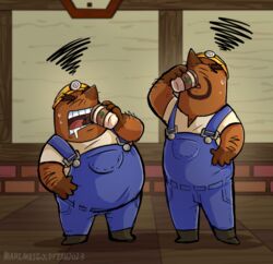  2023 4_fingers absurd_res animal_crossing anthro armor belly beverage bodily_fluids brown_body clothing coffee detailed_background don_resetti drinking duo eulipotyphlan fingers hard_hat headgear helmet hi_res male mammal marimosgoldfish mole_(animal) mr._resetti nintendo overalls overweight overweight_male shirt sweat topwear 