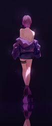  a-soul absurdres back carol_(a-soul) dark_background facing_away female full_body high_heels highres jacket off_shoulder pencil_skirt purple_footwear purple_hair purple_jacket purple_skirt reflective_floor short_hair skirt solo sparkle thigh_strap virtual_youtuber zzz_zhi_he 