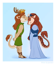  absurd_res anthro antlers athletic athletic_male belt caligae chibi claws closed_eyes clothing crown dragon dress duo female footwear forehead_kiss gown hair hands_behind_back headgear hi_res horn kissing long_hair male male/female mane medieval medieval_clothing muscular muscular_male muto_scapulari mythological_creature mythological_scalie mythology prince prince_borgon romantic romantic_ambiance royalty sandals scalie tail tail_tuft tuft 