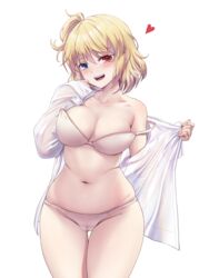  :d absurdres ass_visible_through_thighs bad_id bad_pixiv_id blonde_hair blue_eyes bra braid breasts cleavage collarbone cowboy_shot female groin hair_between_eyes hands_up head_tilt heart heterochromia highres light_blush long_sleeves looking_at_viewer medium_breasts navel one_side_up open_clothes open_mouth open_shirt original panties pinkmarine plump red_eyes see-through see-through_shirt shirt short_hair simple_background single_bare_shoulder skindentation sleeves_past_wrists smile solo standing strap_slip swept_bangs teeth thigh_gap tongue underwear undressing upper_teeth_only white_background white_bra white_panties white_shirt wide_hips 