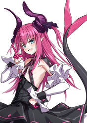  :d armpit_crease bare_shoulders black_dress blue_eyes blush breasts commentary_request curled_horns detached_sleeves dragon_girl dragon_horns dragon_tail dress elizabeth_bathory_(fate) elizabeth_bathory_(fate/extra_ccc) elizabeth_bathory_(first_ascension)_(fate) fate/extra fate/extra_ccc fate_(series) female from_side hair_ribbon halter_dress halterneck highres horns long_hair looking_at_viewer open_mouth pink_hair pointy_ears ribbon small_breasts smile solo tail tail_raised takanashi_kei_(hitsujikan) two_side_up v wrist_cuffs 