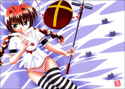  arm_garter artist_request blue_eyes braid female graf_eisen hammer hat lying lyrical_nanoha mahou_shoujo_lyrical_nanoha mahou_shoujo_lyrical_nanoha_a&#039;s no_pants noroi_usagi on_back panties red_hair red_panties shirt solo striped_clothes striped_panties striped_thighhighs t-shirt thigh_gap thighhighs twin_braids underwear unworn_hat unworn_headwear vita_(nanoha) 