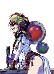  1990s_(style) belt blush braid brown_eyes brown_hair character_request copyright_request crack fantasy female forehead_protector gloves hair_between_eyes hair_ornament itou_takehiko long_hair orb retro_artstyle scroll shoulder_pads smile solo source_request table white_background 