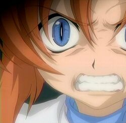  angry anime_screenshot blue_eyes crazy_eyes female furious higurashi_no_naku_koro_ni orange_hair ryuuguu_rena solo uso_da 