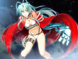  antenna_hair aqua_hair bikini cape checkered choker elbow_gloves female game_cg gloves hanawa_momiji jingai_makyou leaning_forward long_hair mechanical_arms night night_sky nishii_(damnedrive) non-web_source outdoors see-through single_mechanical_arm sky smile solo swimsuit thigh_strap torn_clothes white_bikini yellow_eyes 