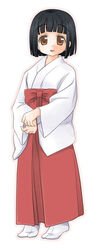  :d black_hair bob_cut brown_eyes female hakama hakama_skirt japanese_clothes kamichu! long_sleeves miko nekono_osero open_mouth red_hakama saegusa_miko short_hair skirt smile solo tabi 