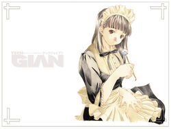  :o apron black_dress border brown_eyes brown_hair dress female head_tilt holding long_hair long_sleeves maid maid_headdress mimikaki nishiki_yoshimune parted_lips simple_background sleeves_past_elbows solo techgian upper_body waist_apron white_background 