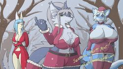 16:9 accessory anthro bedroom_eyes belt big_breasts bludragoon blue_body blue_fur blue_hair bottomwear breast_size_difference breasts card_template chest_tuft christmas clothing dragon ear_piercing female flayra fur furgonomics furred_dragon furred_scalie green_eyes grey_hair group hair half-closed_eyes holidays huge_breasts hyper inner_ear_fluff lagomorph legwear leporid lingerie looking_at_viewer mammal mythological_creature mythological_scalie mythology narrowed_eyes orange_eyes outside panties piercing plant ponytail postcard rabbit ribbons robe santa_claus scalie seductive short_hair shorts snow snowing tail tail_accessory tailband text thick_thighs tree tuft underwear vanita white_hair wide_hips widescreen