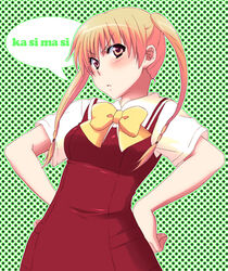  bad_id blonde_hair bow brown_eyes female hands_on_own_hips kashimashi kuroo_(project_apricot) kurusu_tomari long_hair looking_at_viewer photoshop_(medium) polka_dot polka_dot_background pout red_hair school_uniform serafuku simple_background solo speech_bubble translated twintails yellow_bow 