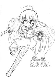  blush bow chirorian female greyscale gun gundou_musashi holding holding_gun holding_sword holding_weapon long_hair mary_janes monochrome parody photoshop_(medium) school_uniform shakugan_no_shana shana shoes sketch skirt smile solo sword thighhighs weapon 