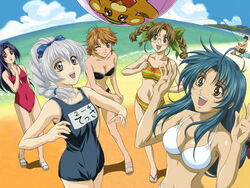  1boy 5girls ball beach beachball bikini black_one-piece_swimsuit bonta-kun braid chidori_kaname day full_metal_panic full_metal_panic?_fumoffu inaba_mizuki long_hair long_legs low-tied_long_hair mikihara_ren multiple_girls name_tag one-piece_swimsuit one_eye_closed outdoors photoshop_(medium) sagara_sousuke school_swimsuit striped_bikini striped_clothes swimsuit teletha_testarossa tokiwa_kyouko twin_braids yoneda_mitsuyoshi 