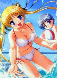  2girls :d ball beach beachball bekkankou bikini black_ribbon blonde_hair blue_eyes blue_hair blue_sky blush breasts closed_mouth cloud collarbone cowboy_shot day dutch_angle flat_chest floating_hair front-tie_bikini_top front-tie_top hair_ribbon happy holding holding_ball holding_beachball horizon leaning_forward light_smile long_hair looking_at_viewer medium_breasts multiple_girls navel ocean official_art one-piece_swimsuit open_mouth outdoors purple_eyes reaching reaching_towards_viewer ribbon scan shibugaki_matsuri side-tie_bikini_bottom sky smile sparkle splashing standing straight_hair swimsuit tachibana_chihiro tsuki_wa_higashi_ni_hi_wa_nishi_ni twintails very_long_hair wading water white_bikini white_one-piece_swimsuit 