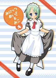  apron blue_eyes blush dress female full_body green_hair maid maid_headdress mary_janes necktie original pantyhose red_necktie shoes short_hair short_sleeves simple_background skirt_hold smile solo striped striped_background white_pantyhose yuu-yuu 