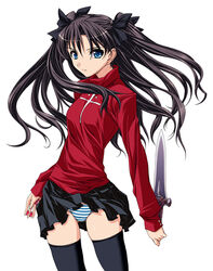  black_hair black_thighhighs blue_eyes blue_panties dagger fate/stay_night fate_(series) female hair_ribbon knife long_hair long_sleeves miniskirt panties pleated_skirt ribbon skirt solo standing striped_clothes striped_panties thighhighs tohsaka_rin turtleneck two_side_up underwear weapon wind wind_lift yatsushima_tetsuya 