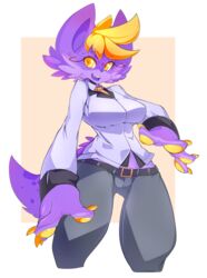 absurd_res amber_eyes anthro azalea big_breasts breasts claws clothed clothing female fur hi_res hyena looking_at_viewer mammal open_mouth purple_body purple_fur simple_background slugbox smile solo spotted_hyena suit wide_hips