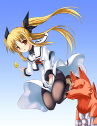  arf bardiche_(nanoha) black_pantyhose blonde_hair fate_testarossa female long_hair long_sleeves lyrical_nanoha mahou_shoujo_lyrical_nanoha panties panties_under_pantyhose pantyhose parody photoshop_(medium) red_eyes soba_(saz) solo thighband_pantyhose twintails underwear yoshinaga-san&#039;chi_no_gargoyle 