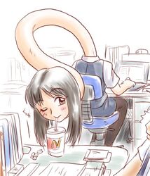  1boy ;) ^^^ bad_source black_hair black_legwear blue_skirt blue_vest book brown_eyes computer cup desk drink drinking drinking_glass drinking_straw female formal indoors long_hair long_neck mcdonald&#039;s monster_girl mundane_utility neck office_lady one_eye_closed original pantyhose papers pimmy rokurokubi short_sleeves sketch skirt skirt_suit smile solo_focus stretched_limb stretched_neck suit traditional_youkai vest 