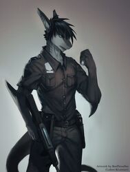 2014 absurd_res anthro beefnoodles black_hair blue_eyes clothed clothing countershading dragon ear_piercing fish gun hair hi_res holding_gun holding_object holding_ranged_weapon holding_weapon hybrid male marine mythological_creature mythological_scalie mythology officer piercing police ramenbeny ranged_weapon riptide_(riptideshark) scalie shark shotgun solo tail uniform weapon