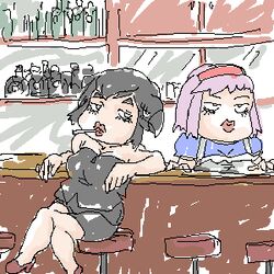  2girls animal_on_head bar_(place) bird bird_on_head black_hair borrowed_character breasts cigarette cleavage commentary_request crow indoors kurama_(kurono) kurono_(kurono) lips lowres multiple_girls naruko_(ohyo) no_nose oekaki on_head original purple_hair smoking 