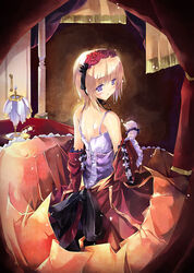  bare_shoulders blonde_hair corset dress female hairband hinoto lamp original purple_eyes short_hair solo undressing 