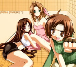  3girls :d aerith_gainsborough ahoge bare_shoulders black_skirt blush bow breasts brown_eyes brown_hair cleavage closed_mouth copyright_name crop_top dress drill_hair drill_sidelocks final_fantasy final_fantasy_vii fingerless_gloves fist_bump gloves green_eyes green_sweater headband incoming_fist_bump kurot long_hair looking_at_viewer multiple_girls nose_shade open_mouth pencil_skirt photoshop_(medium) pink_bow pink_dress red_eyes sidelocks sitting skirt sleeveless sleeveless_turtleneck smile sweater tifa_lockhart turtleneck very_long_hair yuffie_kisaragi 