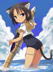  aircraft airplane animal_ears cat_ears cloud day female furiata konami_mecha_musume mecha_musume military no_pants otoutogimi school_swimsuit school_uniform sky solo swimsuit swimsuit_under_clothes tan 