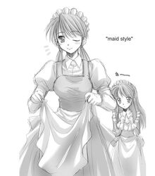  2girls artist_request asahina_mikuru exif_thumbnail_surprise greyscale long_sleeves maid monochrome mori_sonou multiple_girls official_alternate_costume photoshop_(medium) suzumiya_haruhi_no_yuuutsu 