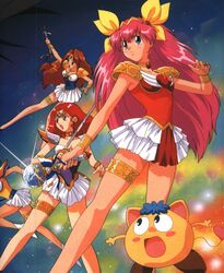  1990s_(style) 4girls ai_tenshi_densetsu_wedding_peach angel_daisy angel_lily angel_salvia armor bow bracelet brooch choker dress hanasaki_momoko heart heart_brooch highres ichiishi_sayuri jama-p_(wedding_peach) jewelry magical_girl multiple_girls pink_hair rapier red_hair retro_artstyle scarlet_ohara scepter sword tamano_hinagiku tanima_yuri thighlet wand weapon wedding_peach wing_brooch wings yellow_bow 