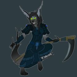 1:1 anthro armor barefoot belt big_ears biped black_hair blizzard_entertainment bone claws clothed clothing death_knight_(warcraft) demon feet female fluffy fur glowing glowing_eyes grey_body grey_fur hair khagra kuromi_elvita_(character) long_hair melee_weapon polearm scythe simple_background skull smoke solo warcraft warrior weapon