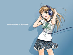  blonde_hair breasts camouflage clothes_writing clover female hand_on_own_ear headphone_+_musume headphones long_hair medium_breasts miniskirt one_eye_closed ootsuka_mahiro open_mouth original shamrock shirt skirt smile solo t-shirt ultrasone wind yellow_eyes 