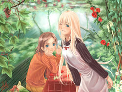  2girls bench blonde_hair blue_eyes brown_hair dress flower forest long_hair long_sleeves multiple_girls nature one_eye_closed orange_shirt original outdoors petals photoshop_(medium) pinafore_dress red_flower rose shirt sleeveless sleeveless_dress sweater table zama_masaaki 