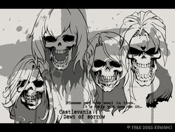  alucard_(castlevania) arikado_genya castlevania:_dawn_of_sorrow castlevania_(series) english_text engrish_text horror_(theme) julius_belmont monochrome no_humans ranguage skull soma_cruz yoko_belnades 