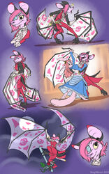 5:8 anthro bat clothing crown dancing domestic_cat dress eflasia eye_patch eyewear felid feline felis female fur hair headgear hi_res hybrid knight lagomorph leporid looking_at_viewer mammal melee_weapon nyxis pink_body pink_fur pink_hair princess rabbit royalty sketch_page smile spookaboo sword tiara uniform warrior weapon