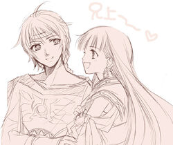  1boy :d beige_background braid earrings female freyjadour_falenas gensou_suikoden gensou_suikoden_v heart jewelry line_art long_hair looking_at_another lymsleia_falenas monochrome open_mouth photoshop_(medium) pink_theme satsuki_yuu_(awairo) simple_background single_braid smile upper_body very_long_hair 