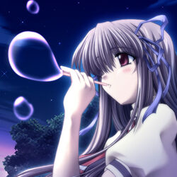  2000s_(style) air_(visual_novel) blowing_bubbles bow bubble bubble_pipe female hairbow long_hair lowres night outdoors red_eyes ribbon richu school_uniform sky solo toono_minagi tree 