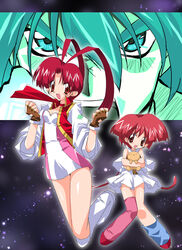  1boy 2girls antenna_hair asymmetrical_clothes fingerless_gloves gloves happy hatsuno_hana multiple_girls paco red_hair shishiou_gai single_thighhigh sleeves_rolled_up thighhighs utsugi_mikoto yuusha_ou_gaogaigar yuusha_series 